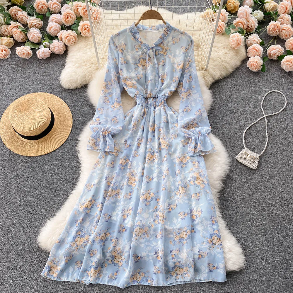 

Aibeautyer New Autumn A Line Scarf Collar Puff Sleeve Lady Dress Casual Floral Print Slim Full Chiffon Pullover Women Dresses