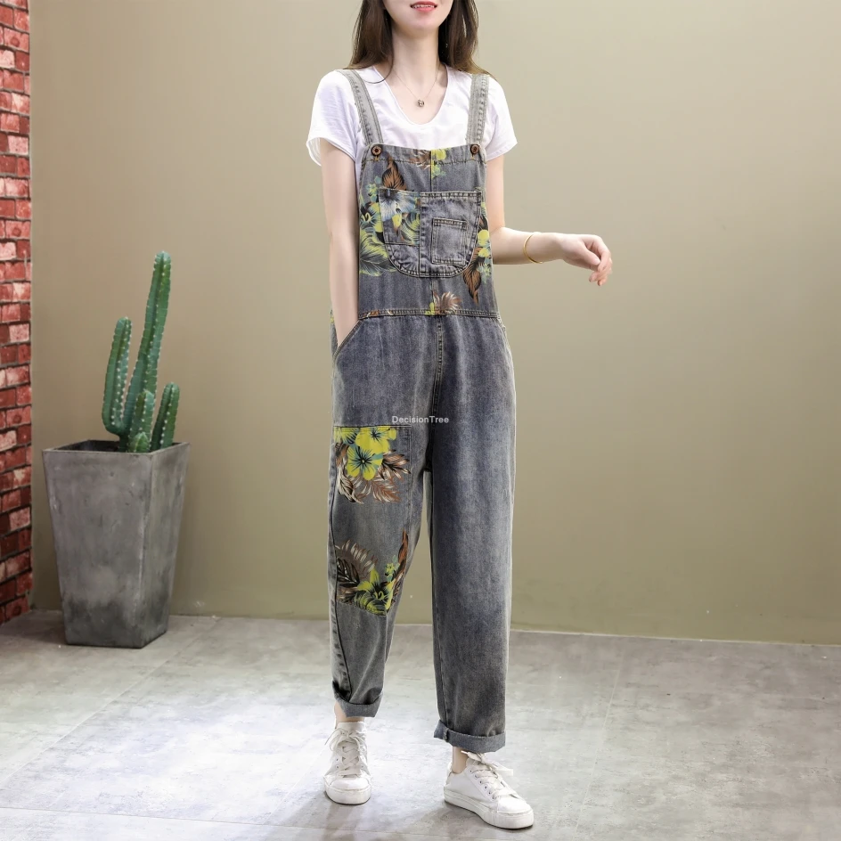 

Женский джинсовый комбинезон, Свободный Повседневный джинсовый комбинезон с карманами и принтом, 2021
