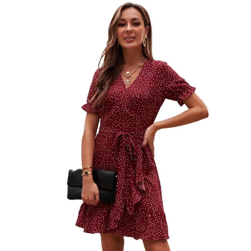 

2021 new women's chiffon dress spring and summer Europe and the United States new wave dot ruffled hem mid-length skirt