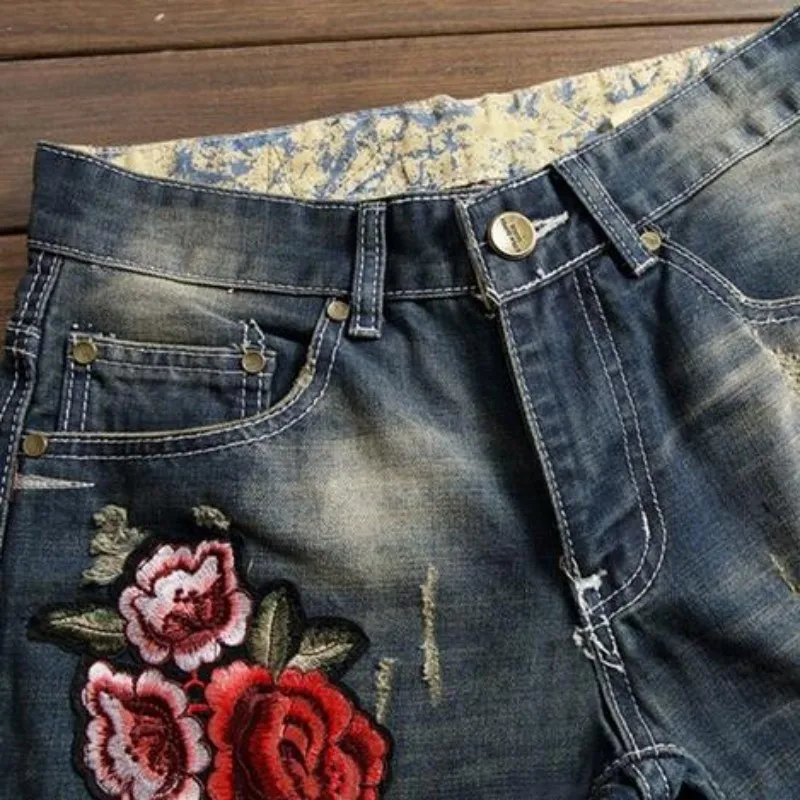 Джинсы мужские прямые с цветочным принтом модные облегающие повседневные штаны