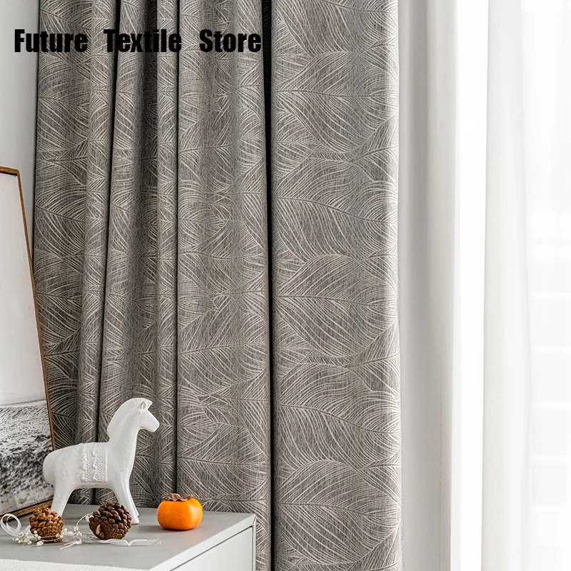 

2022 New Cotton and Linen Blended Curtain Gray Leaf Simple Modern Homestay Living Room Bay Window French Window Customization