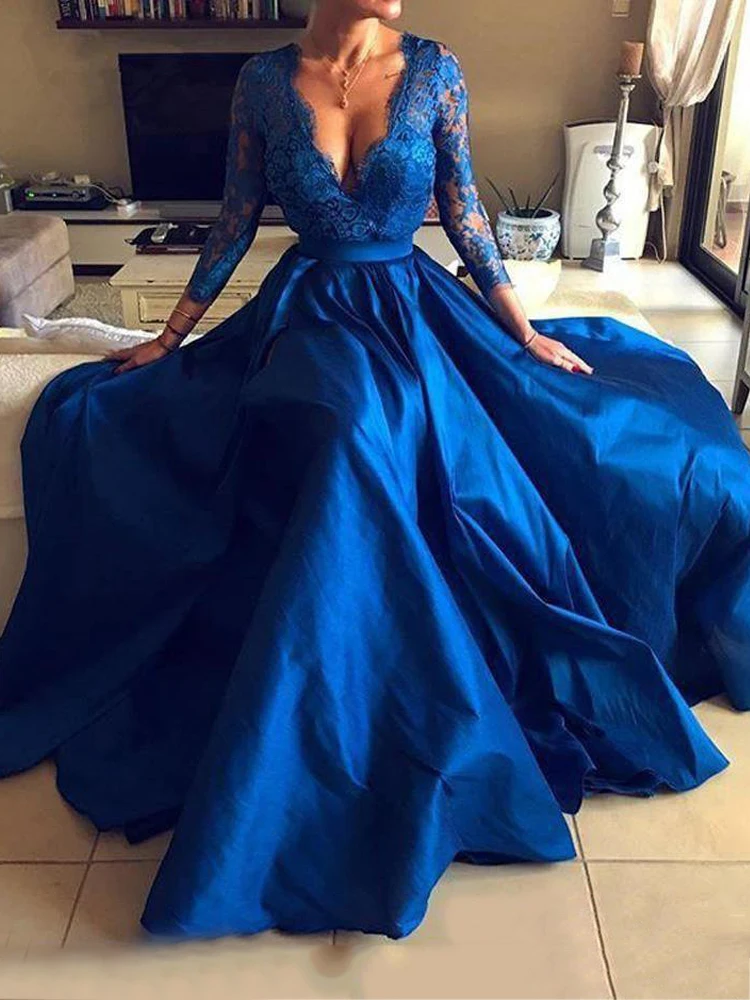 

Classic New Sexy V Neck Liso De Seda Backless Slit Evening Dresses Ladies Prom Party Gown Blue Robe Cocktail Sequins Frock