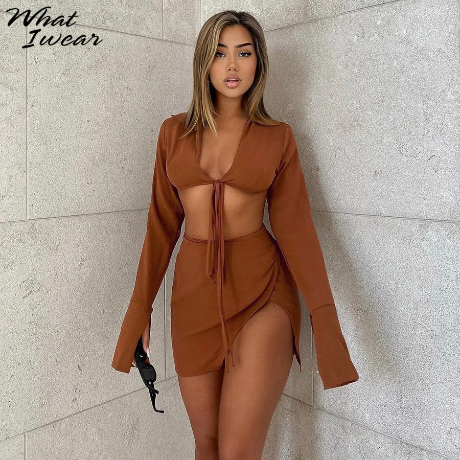 

Whatiwear Sexy Solid Two Piece Set Women Flare Sleeve Lace Up Deep V Tops+Side Slit Mini Skirts Matching Suit Party Clothing