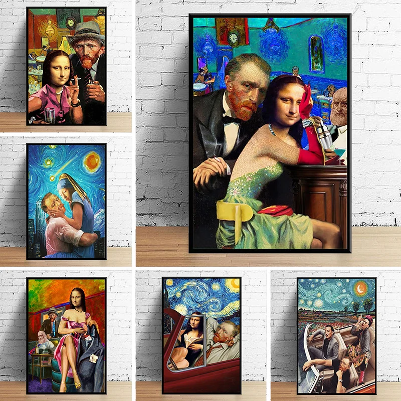 

Картина на холсте Ван Гога и Мона Лиза, смешные персонажи, абстрактная фотография искусства стены, Декор для дома, гостиной