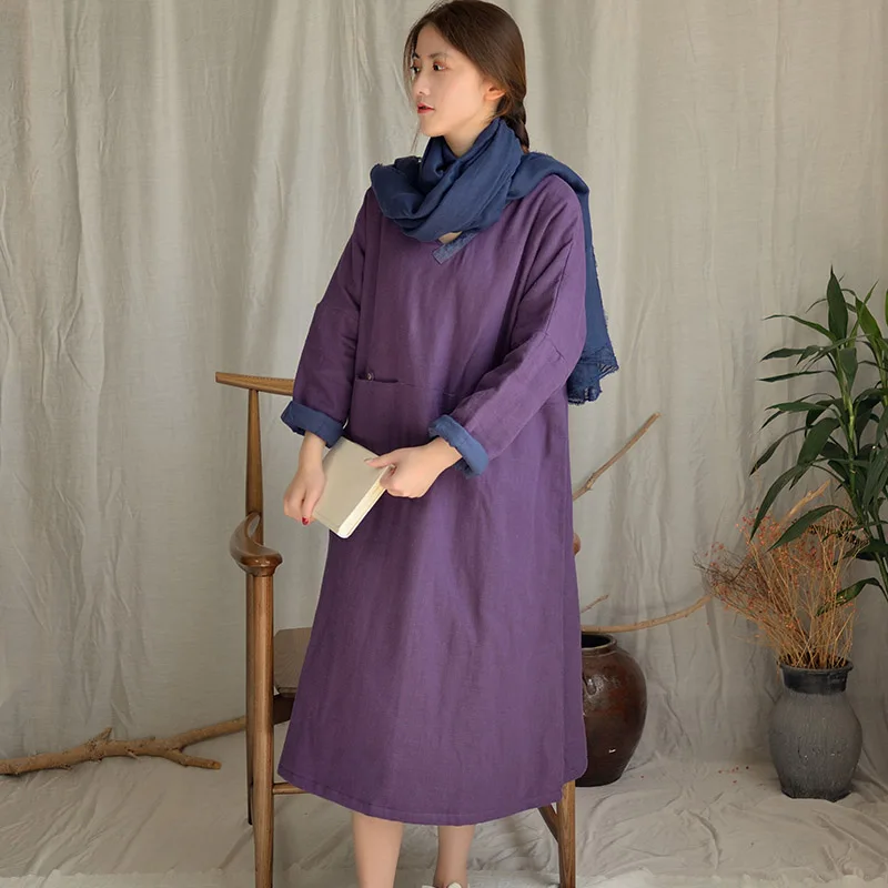 SCUWLINEN/ Женское зимнее платье, однотонное, с v-образным вырезом, в стиле пэчворк, в стиле ретро, плотное, теплое, свободное, с хлопковой подкладкой, длинное платье дзен, S1004