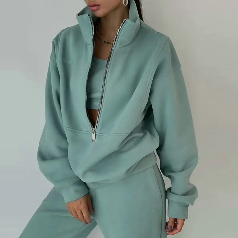 

Women Fleece Two Piece Set Autumn Winter Sports Warm Suit Casual Oversized Polo Zipper Sweatshirts And Trouser Tracksuits Set