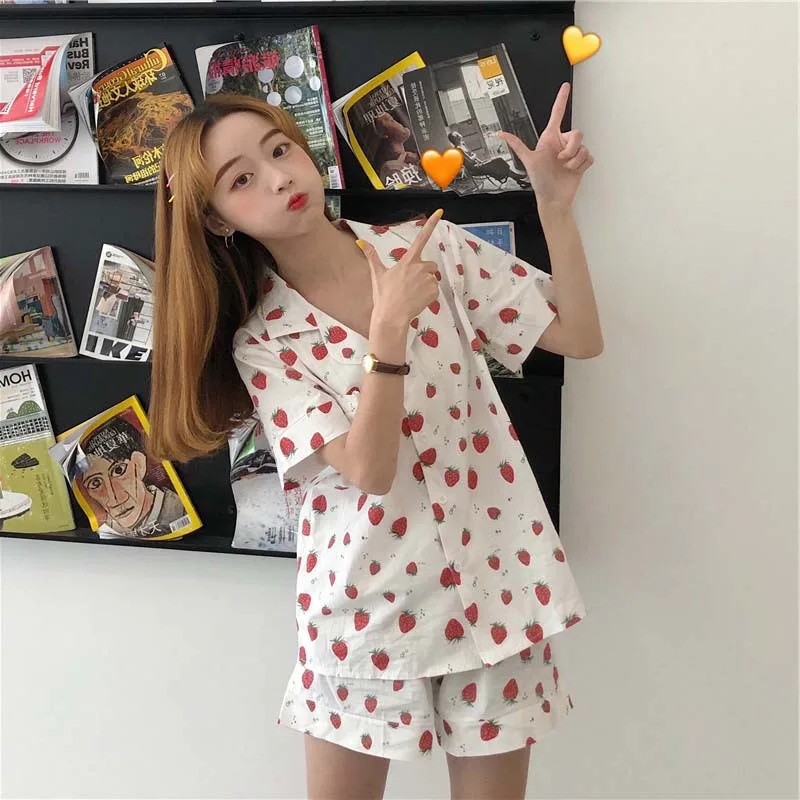 Women's Pajamas Summer New Korean Loose Thin Shorts  Lovely Female Sleepwear Sweet Leisure Home Suit Nightgown Cotton Nightwear