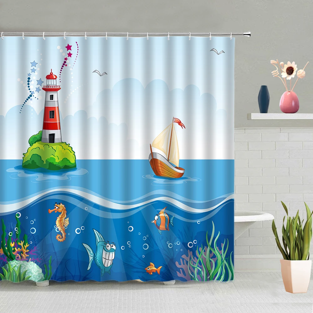 

Cartoon Ocean Wave Lighthouse Shower Curtain Underwater World Boat Seagull Tropical Fish Coral Pattern Washable With Hooks Set