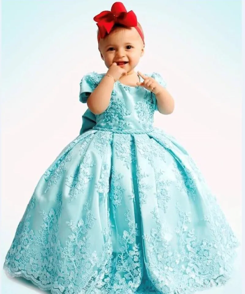 

Toddler Little Girls Pageant Dress with Lace Appliques Beading Belt Bow Back Custom Made Baby Girl Dress For Birthday