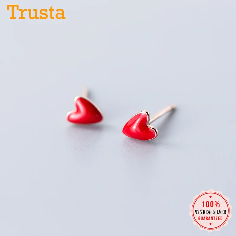Женские серьги пусеты Trusta из 100% серебра 925 пробы с красным сердечком подарок на
