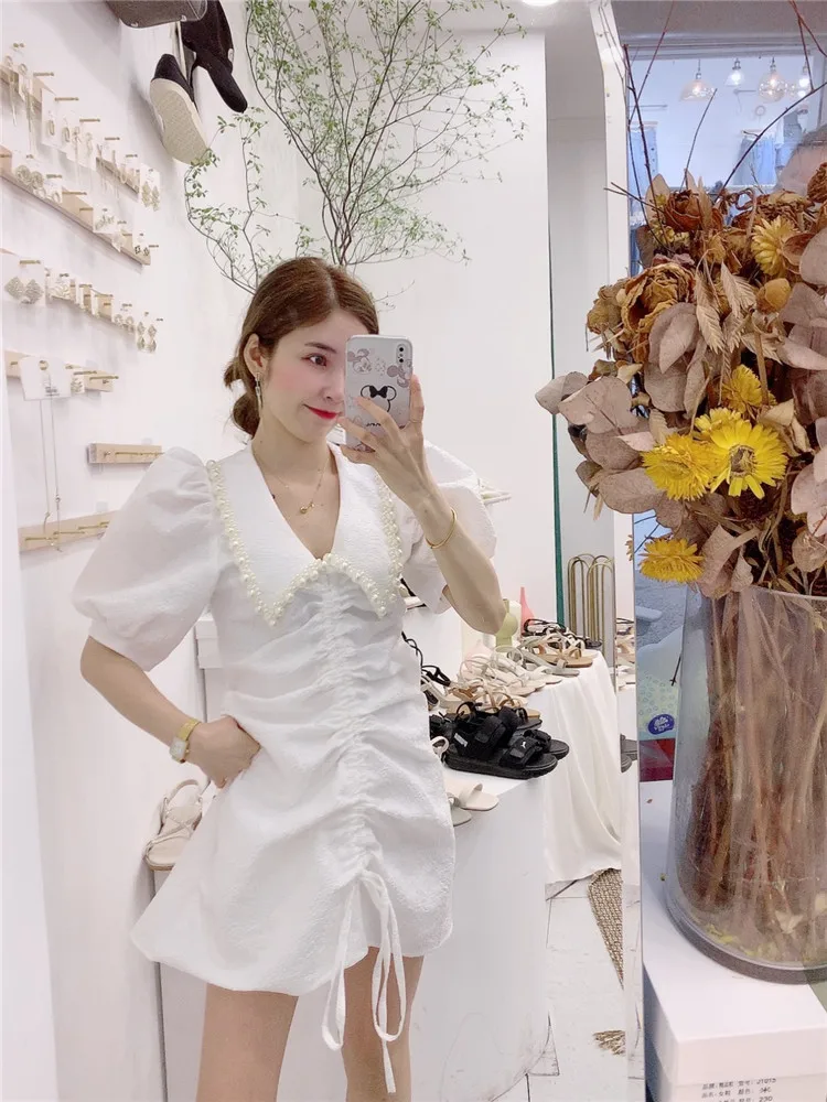 

Drawstring Ruffle V-neck Pearl Puff Sleeve Dress Women 2021 Korean Fashion High Waist Slim A- Line Dress Sweet Elegance Dress