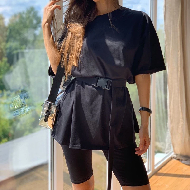 IAMHOTTY Casual Solid Basic Oversized Tshirt Shorts Tracksuit Women Tops With Belt Fitness Plus Size Two Piece Set Clothes Summe | Женская
