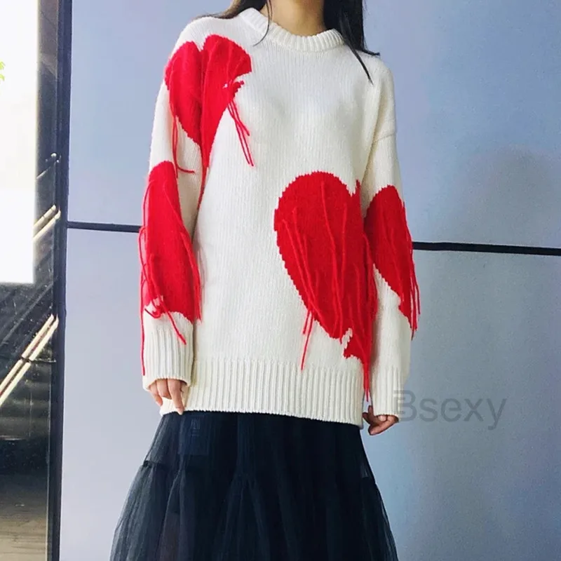 

Женский свободный свитер Oaf, вязаный пуловер с красным сердцем, с кисточками, оверсайз, 2021