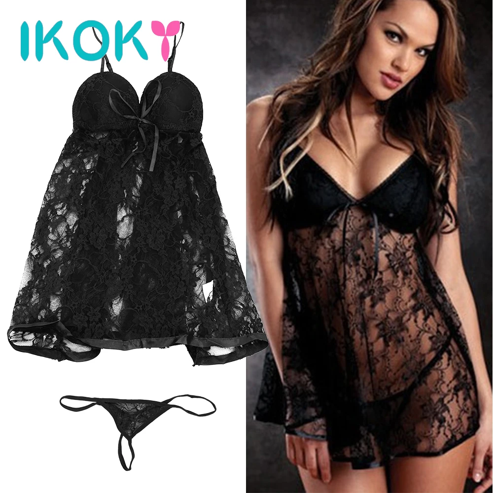 

IKOKY Экзотическая одежда Эротическое белье кружева Babydolls & Сорочки Сексуальный Пижамный костюм женское платье + стринги размера плюс