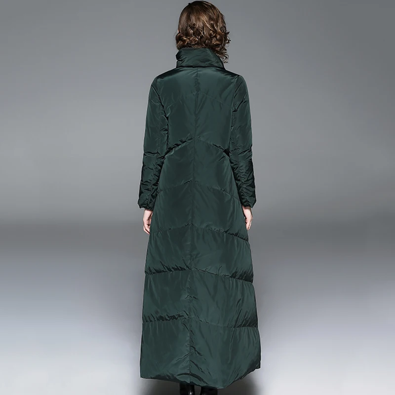 Женское длинное пальто на утином пуху зеленое или черное Макси длиной до