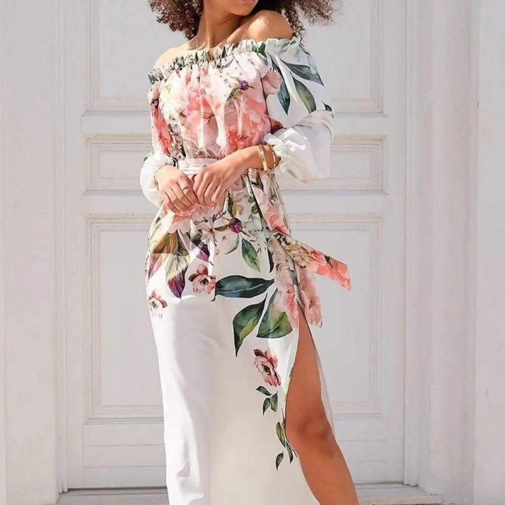 Летнее платье с открытыми плечами и цветочным принтом женское осеннее