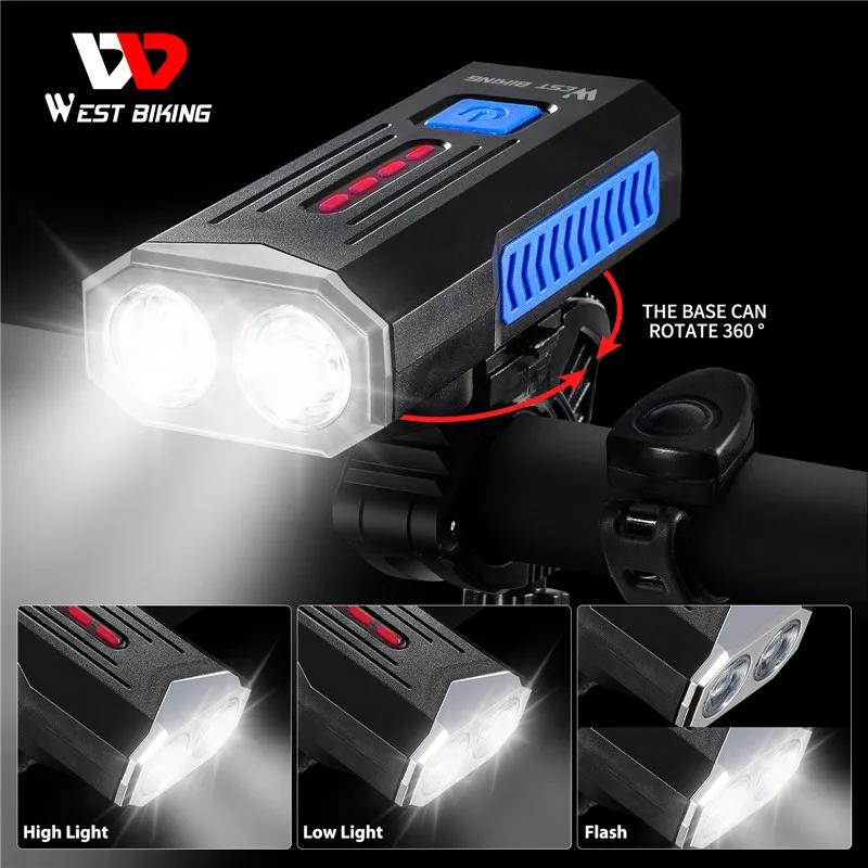 4000mAh MTB Bike Light LED USB Rechargeable Bicycle Headlight With Horn Bell Waterproof 360 Degree Rotating Cycling Front Lamp | Спорт и