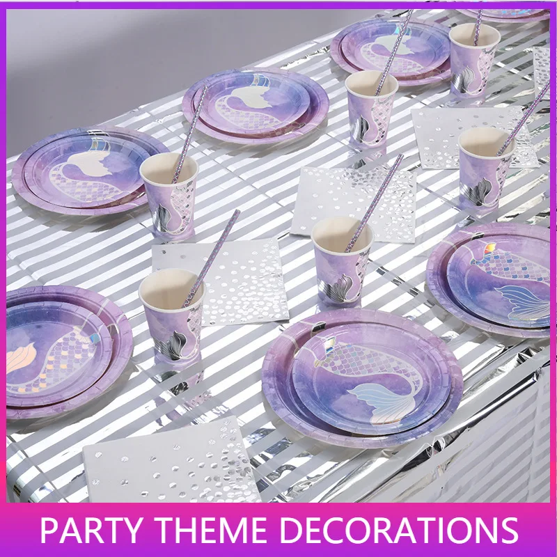 

Mermaid Tail Birthday Party Decorations Iridescent Banner Plates Cups Cutlery Napkins Balloons Net Pink Tablecloth