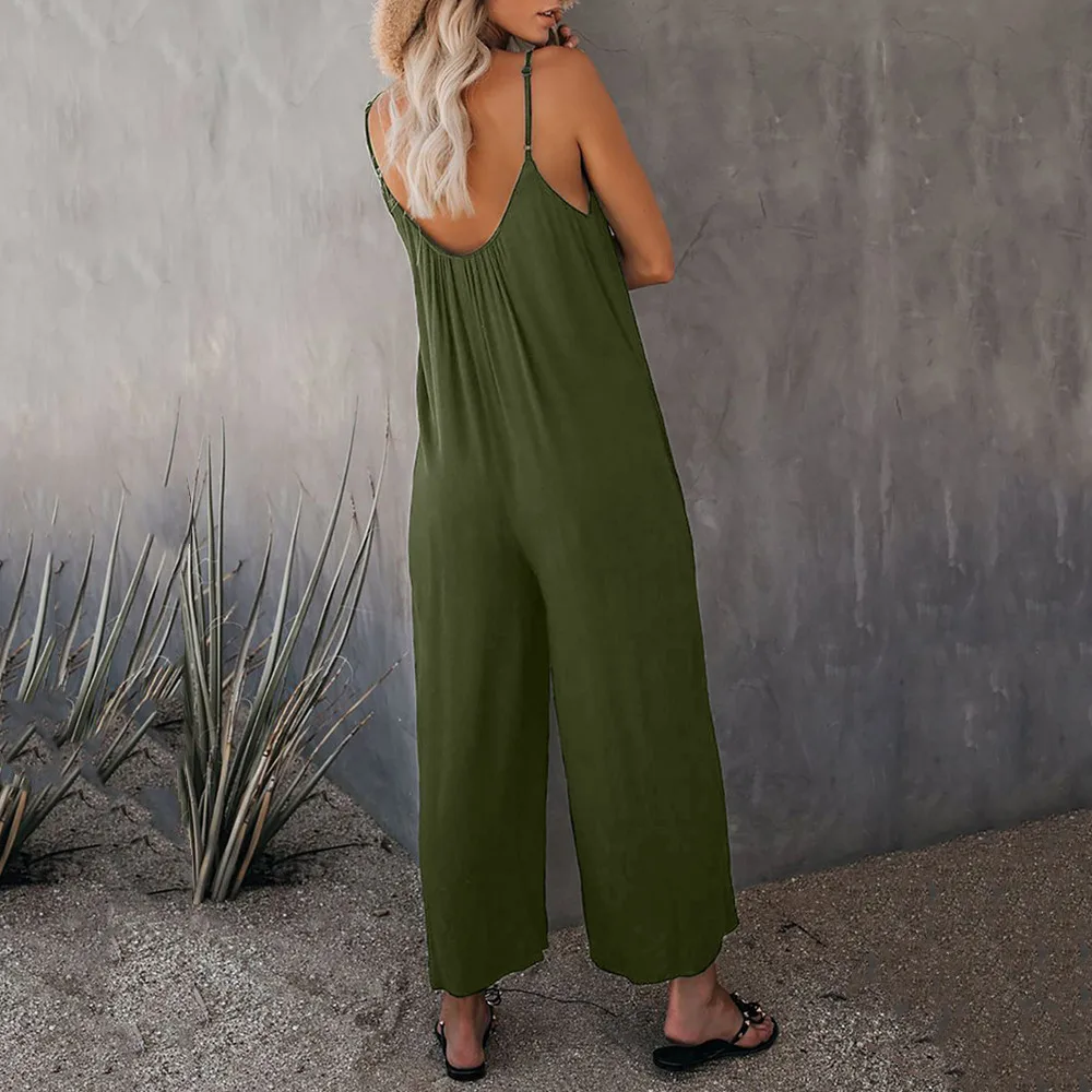 

Sling Jumpsuit Women 2021 Summer New Style Solid Color Pocket Casual Jumpsuit Casual Loose Backless Sleeveless Long Rompers