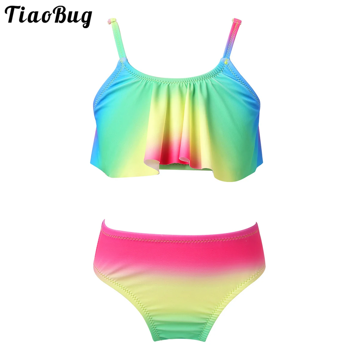

TiaoBug 2Pcs Kids Girls Tankini Adjustable Spaghetti Shoulder Straps Swimwear Swimsuit Bathing Suit Set Ruffled Tops With Bottom
