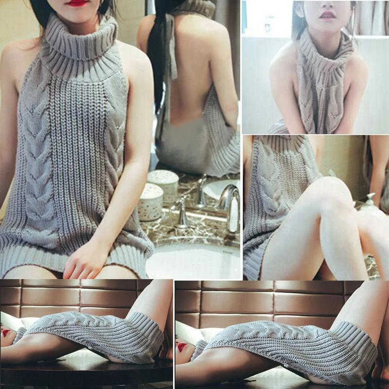 Свитера с высоким воротом без рукавов открытой спиной сексуальный пуловер для