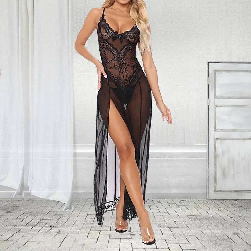 

Women Long Sleeve Lace Dress Fashion Solid Sexy Perspective Pajamas Robe Sleepwear Underwear Lingerie Satin Silk Belt Slim