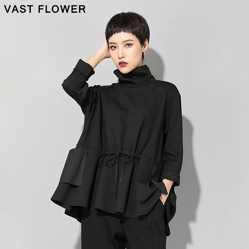 Женская водолазка на шнуровке черная свободная футболка большого размера с