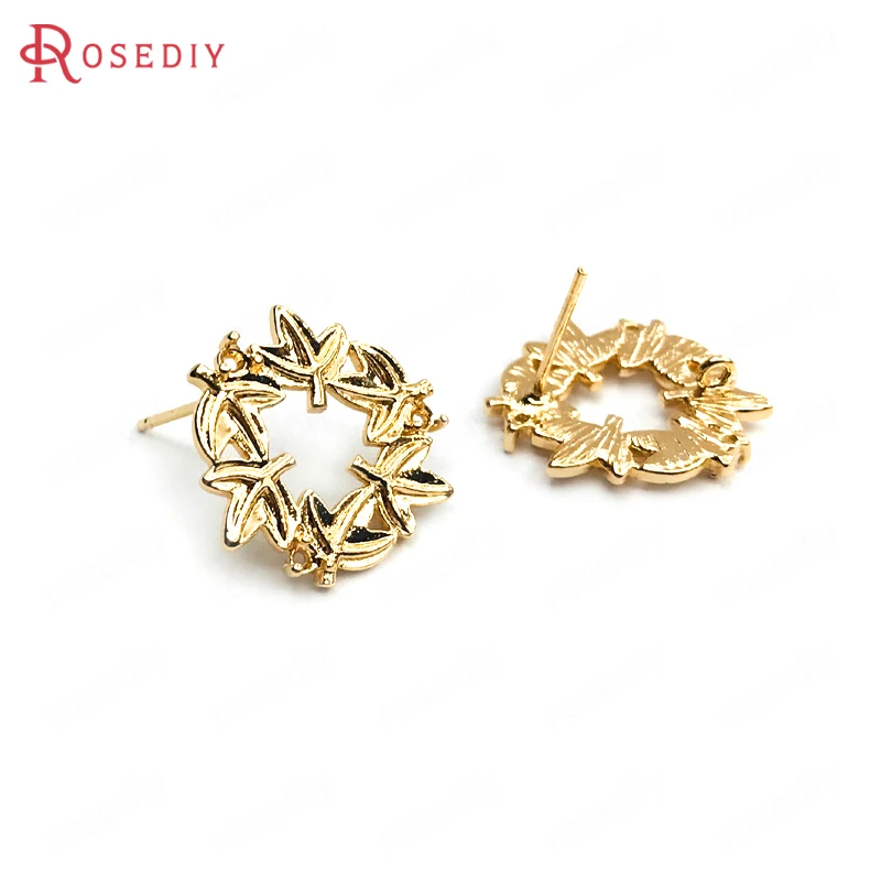 (C454) 6 шт. 17x17 мм 24K золото цвет латунь листья дерева круглые гвоздики серьги