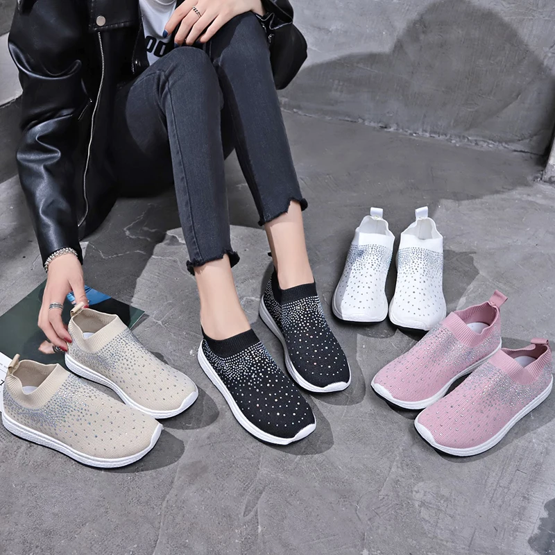 

Platform Sneakers Women Knitted Shoes Woman Running Sport Breathable Shoes Blingbling Rhinestone Women Sneakers Femme plus 35-43