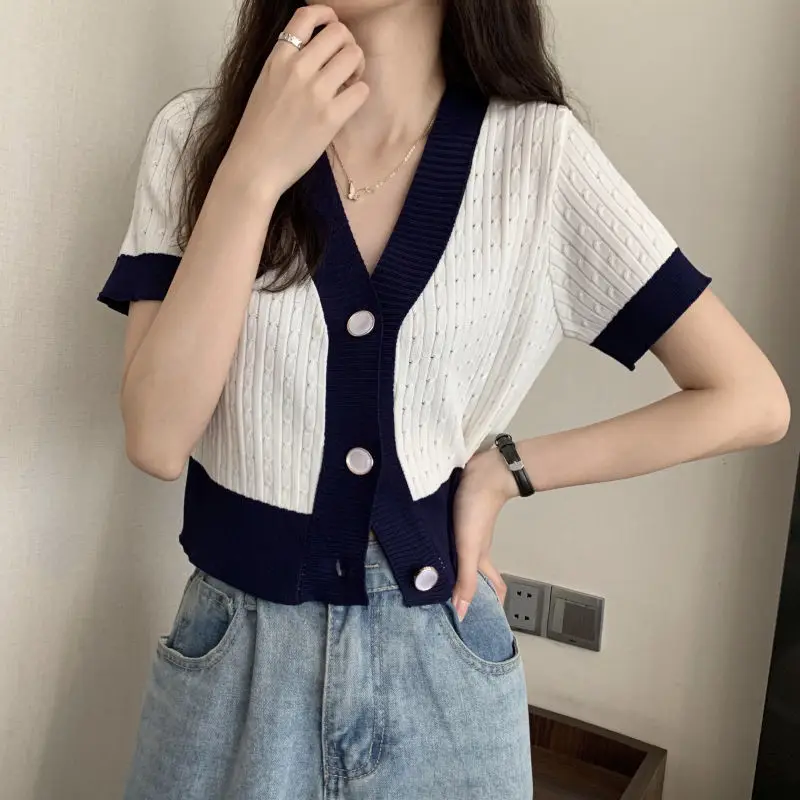 

Woman TShirts Short V-neck Stitching Half Sleeve Knitted Cardigan for Women Baggy Top Crop Top Mujer Camisetas