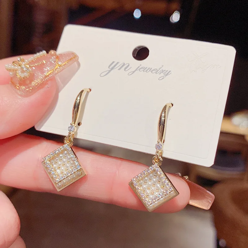 

High Quality 14K Real Gold Double-layer Micro-inlaid Cubic Zircon ZC Pearl Square Stud Earrings for Women