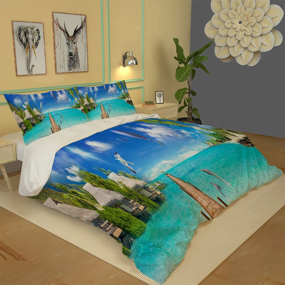 twin bedding blue beach wood birdge set Pillowcase Polyester Bed Set Home Textiles | Дом и сад