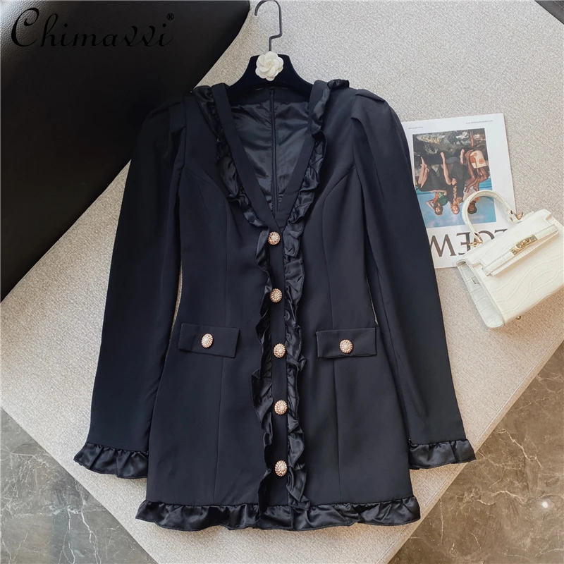 

Женское облегающее платье с длинным рукавом, элегантное черное платье из французского шифона с латунной пряжкой и V-образным вырезом, осень ...