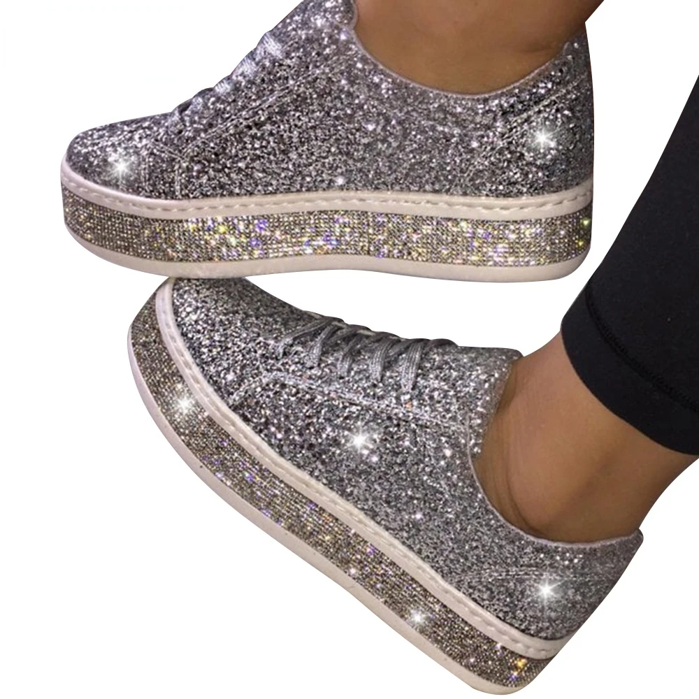 

2020 Women Vulcanize Shoes Sneakers Sliver Bling Shoes Girl Flat Glitter Sneakers Casual Female Breathable Lace Up Shoes