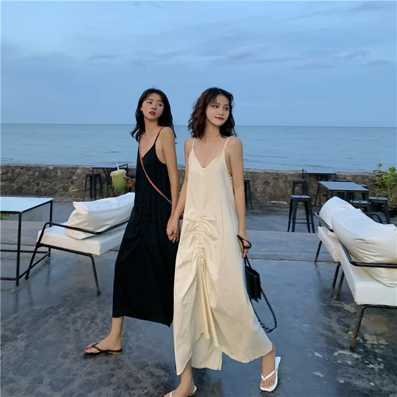 Женское платье макси свободного кроя плиссированное сексуальное на бретельках с