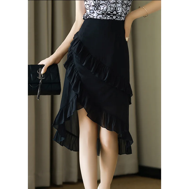 

Asymmetrical Ruffles Solid Color High Waist Skirt Retro Casual Mid-length Skirt