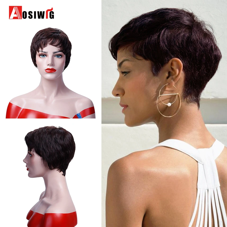 AOSIWIG короткие волнистые волосы коричневые натуральные цвета парики Pixie Cut
