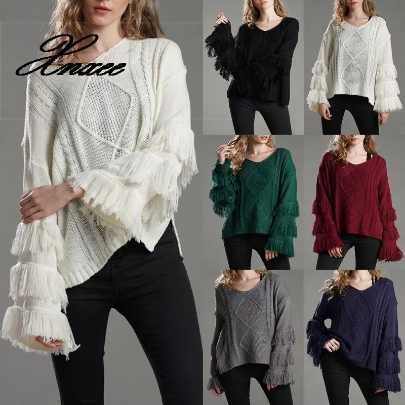 

Xnxee Autumn Women Solid Color Tassels Flared Sleeves Knitted Sweater Pullover V Neck Loose Sweater Outwear Knit Ladies Sweaters
