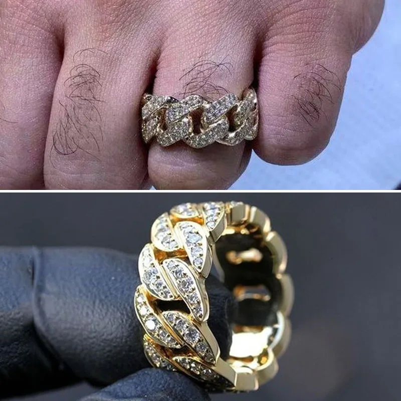 

Mifeiya Popular Male Female Rings Gold Hip Hop Punk Zircon Ring Cuban Link Chain Exaggerated Street Artist Ring for Women Men