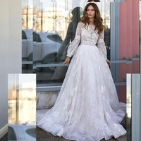 boho wedding dress a line o neck lantern sleeve lace appliques button tulle floor length sweep train bridal gown custom made
