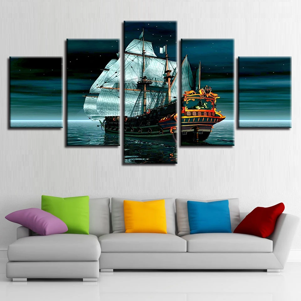 HD Print On Canvas Paintings Modern Home Decor Wall Art Pictures Sailling Boat Starry Sky Landscape Posters For Living Room | Дом и сад