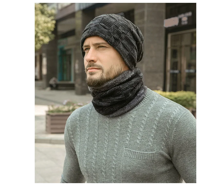 Комплект из теплой вязаной шапки и шарфа|Мужская Skullies & шапочки| |