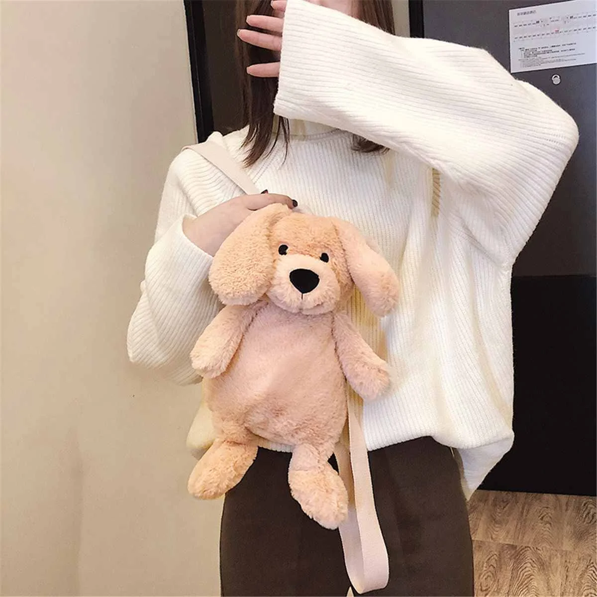 

Cute Fluffy Puppy Bag Women Cartoon Dog Sling Bag Fluffy Animal Crossbody Bag Shoulder Bag Fur Soft Strip Bag Plush back pack