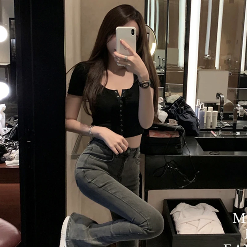 

Sexy Women V-neck Short Sleeve High waist crop T-shirt solid color Buttons Bodycon Solid T-shirt Crop Tops Summer tee Top