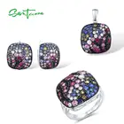 Набор из набор украшений для женщин серебра 925 пробы с квадратным кулоном и кольцом SANTUZZA, с розовыми и голубыми камнями, ювелирные украшения для вечерние