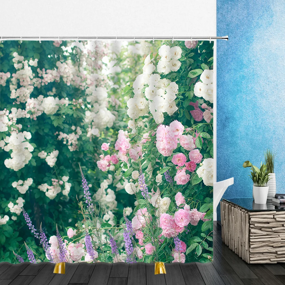 

Шторы для душа с цветами, водонепроницаемые занавески из полиэстера, в ванную комнату, для домашнего декора, Красный Розовый цветок, ромашки...