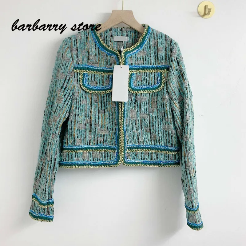 

2021 luxury brand color jacquard printing fashion women's top temperament versatile round neck gold wire pocket long sleeve coat