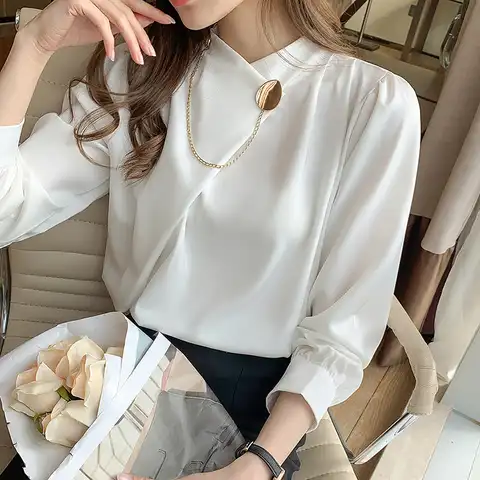Women's Shirts Solid Satin Blouses for Women Chain Asymmetric Blouse Women Long Sleeve Top White O-neck Female 2022 Basic Shirt