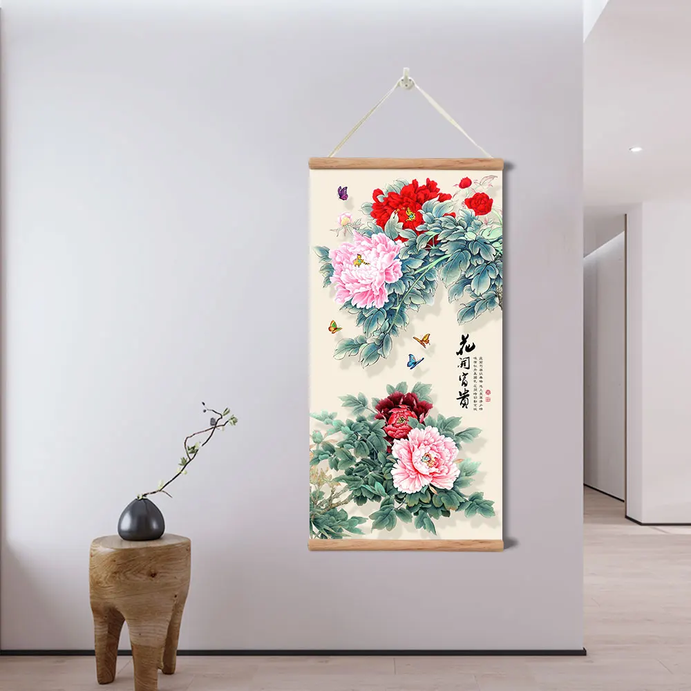 

Chinese Style Flower Plants Canvas Painting Decoracion for Bedroom Living Room Decor Wall Art Wood Scroll Paintings with Frame
