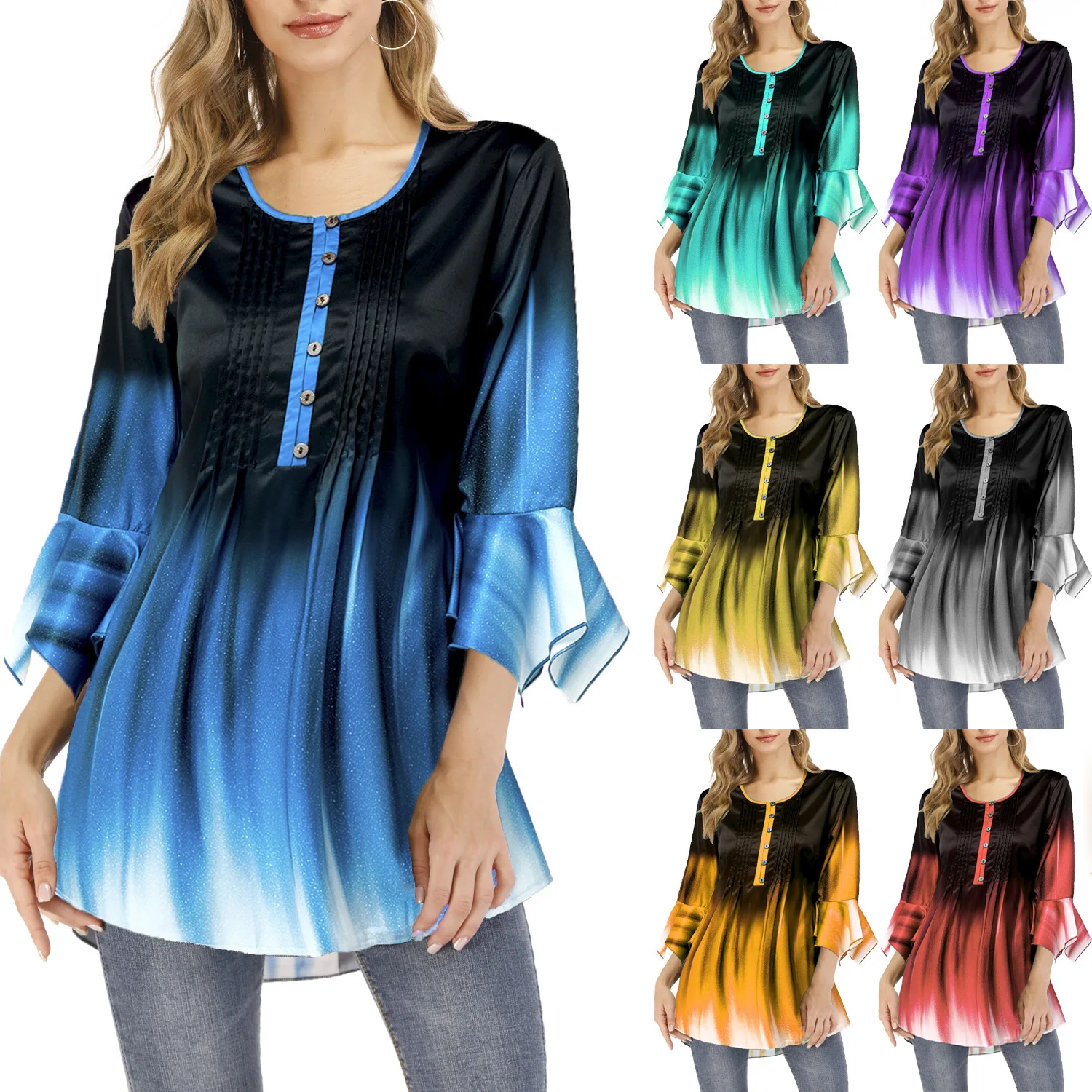 

Women Vintage Shirts Loose Fashion Ruffle Sleeve Autumn Crew Neck Vintage Gradient Blouse Tops Female Button Tees Streetwear